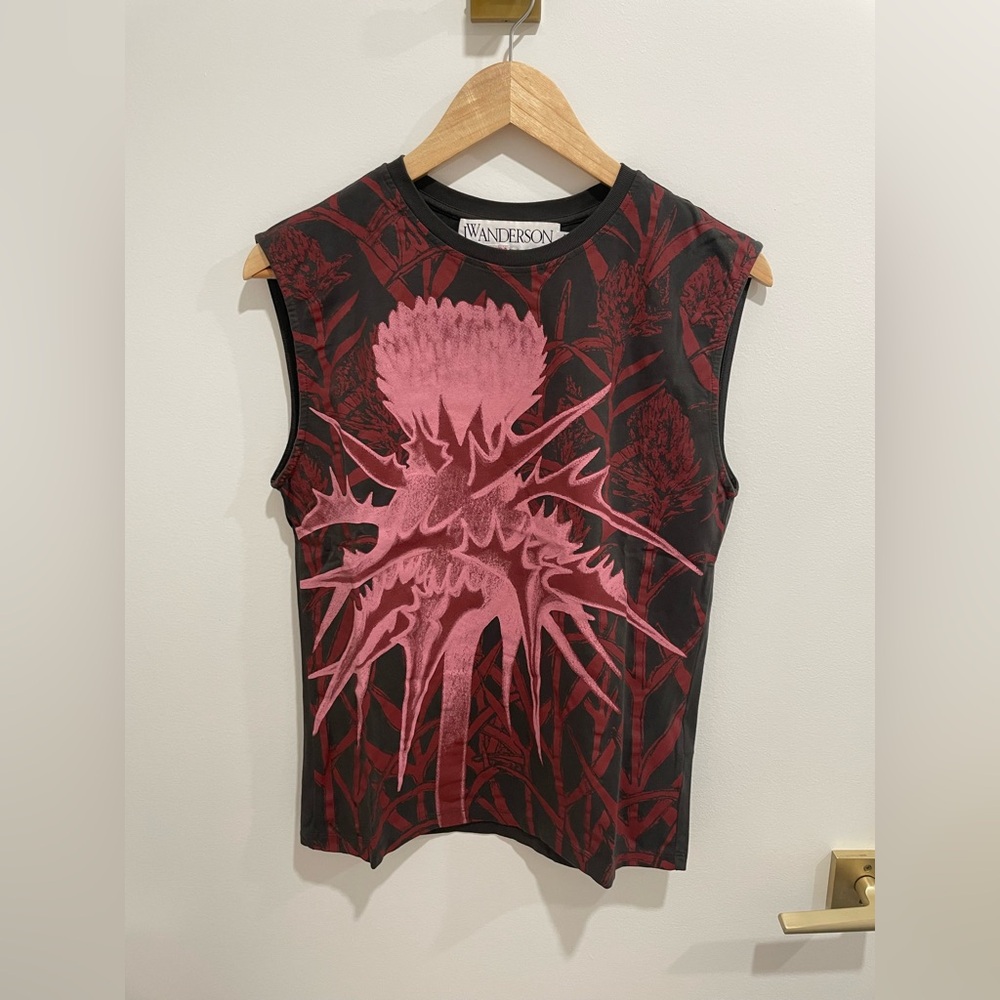 JW ANDERSON Black Muscle Tee with Pink Floral Thistle Graphic